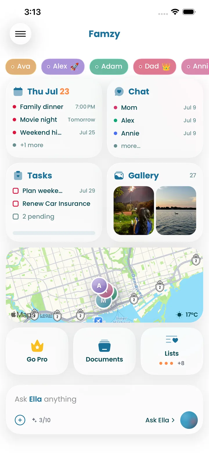 Famzy dashboard with the family calendar, tasks, chat and map