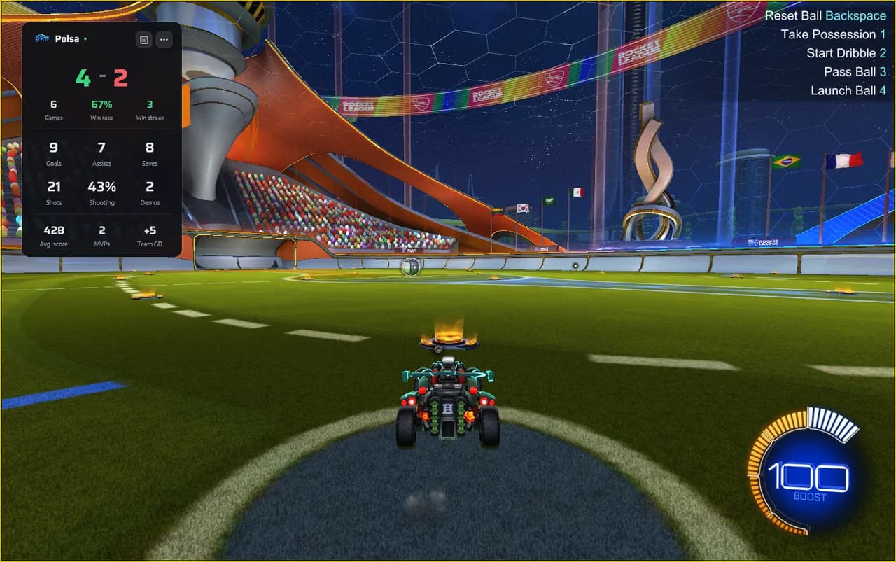 The Polsa overlay in a Rocket League match, showing the session's record and stats